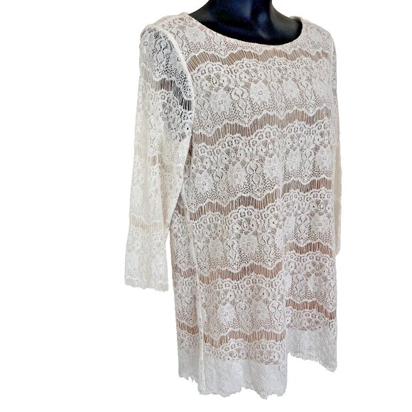 V. Christina - Nude with White Lace Overlay Round Neck Lace Sleeve Tunic M - Picture 3 of 9